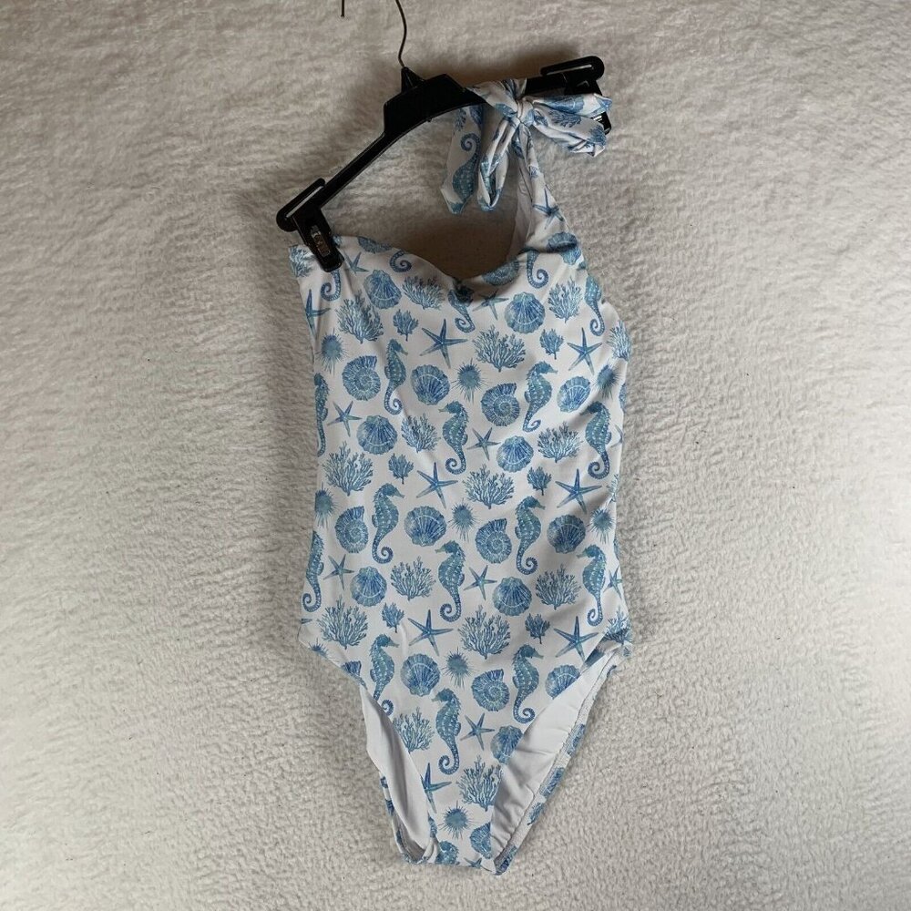 Aqua Asymmetric One Piece Swimsuit Women Medium Blue Sea Life Prin Stretch S9796